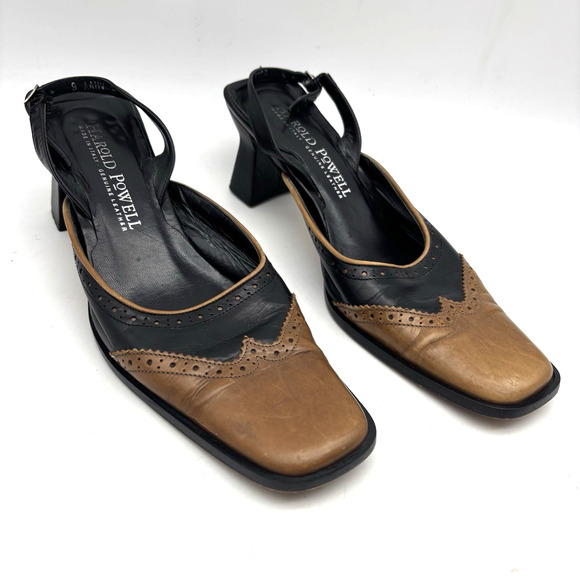 Vintage Harold Powell Block Heel Square Toe Wingtip Sling Back Loafers Women 9AA - Picture 1 of 16